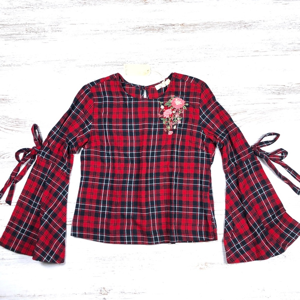 NWT Love Notes Plaid Bell Sleeve Top M Floral UO